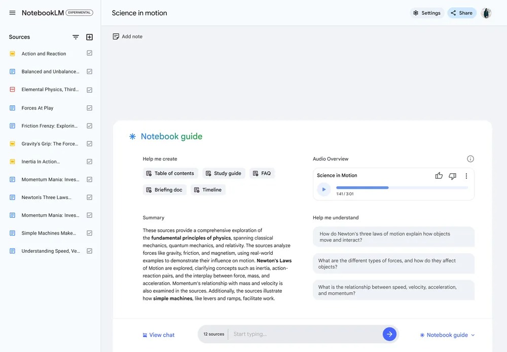 NotebookLM interface showing AI generated answers with citation references from uploaded PDF documents