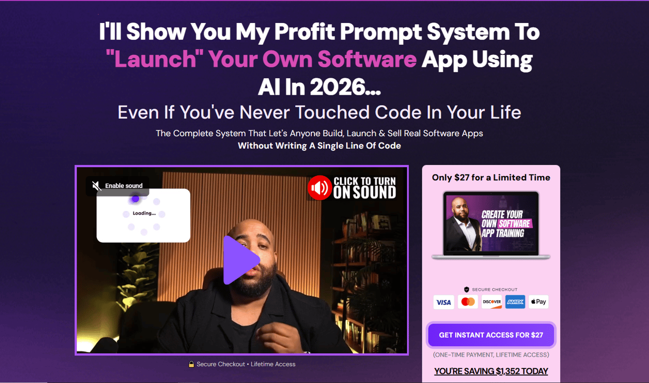Create-Your-Own-Software-App-Training-sales-page-hero-banner-featuring-profit-prompt-system-video
