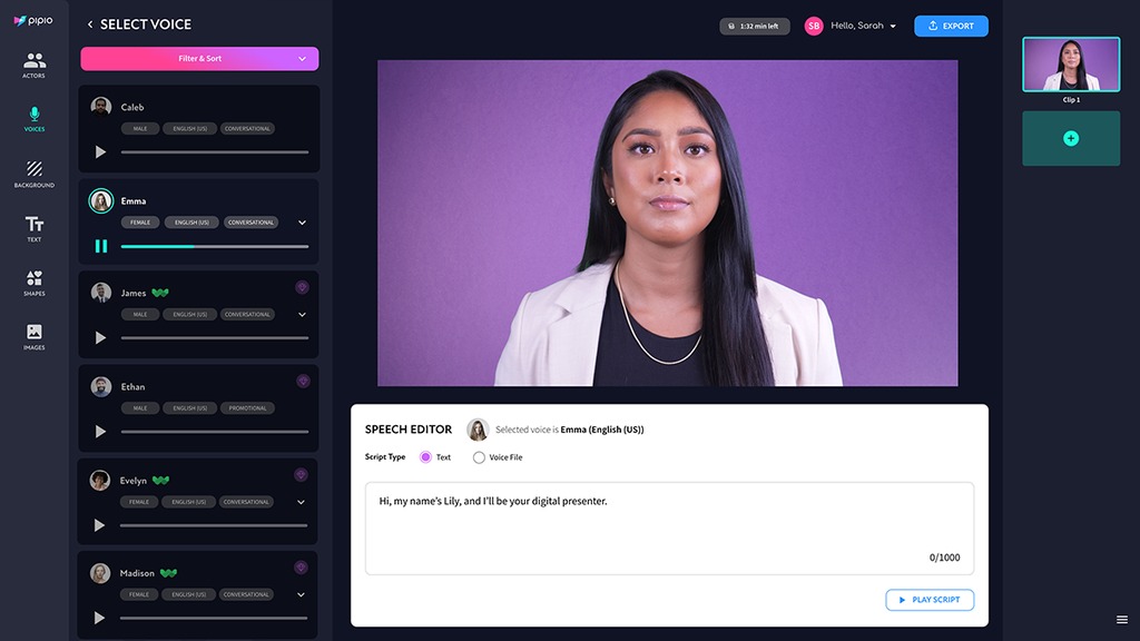 Voice and language selection interface on Pipio AI