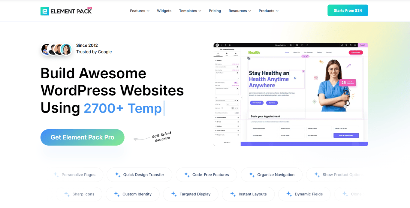 Element Pack premium addon homepage showcasing advanced widgets extensions and professional templates for Elementor