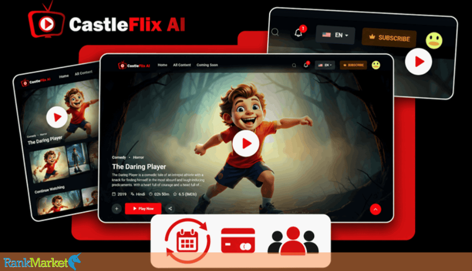 Castleflix Ai Branded Streaming Site With Title Page, Play Button And Subscribe Option