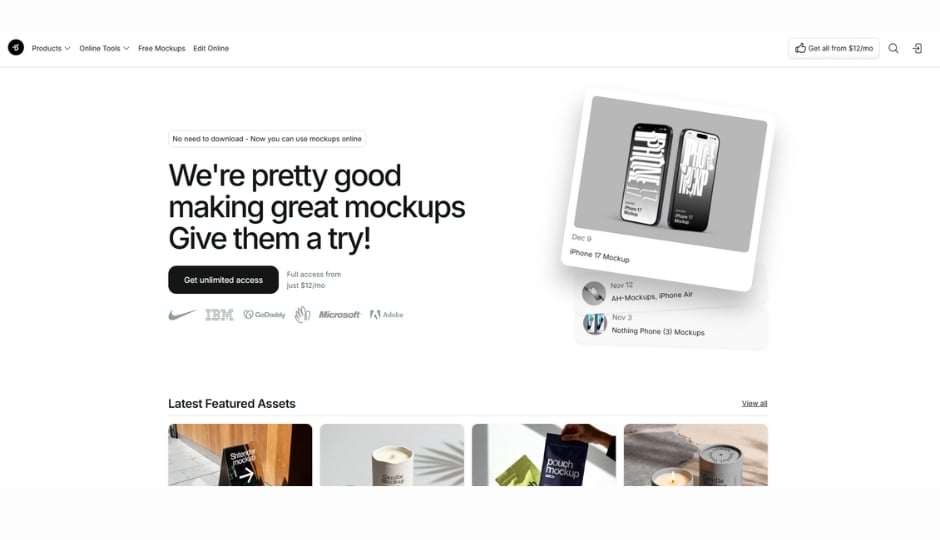 ls.graphics homepage interface displaying premium device mockups, abstract backgrounds, and modern design asset collections
