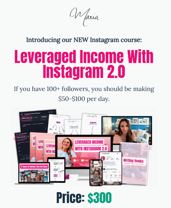 Maria-Wendt-course-bundle-mockup-titled-Leveraged-Income-With-Instagram-two-point-zero-showing-revenue-dashboards-and-bonuses