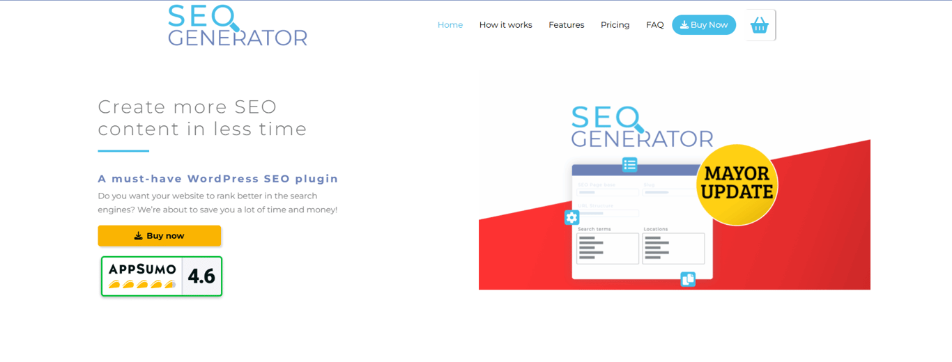 SEO Generator WordPress plugin interface for creating bulk SEO landing pages optimized for local SEO, service websites, and affiliate projects