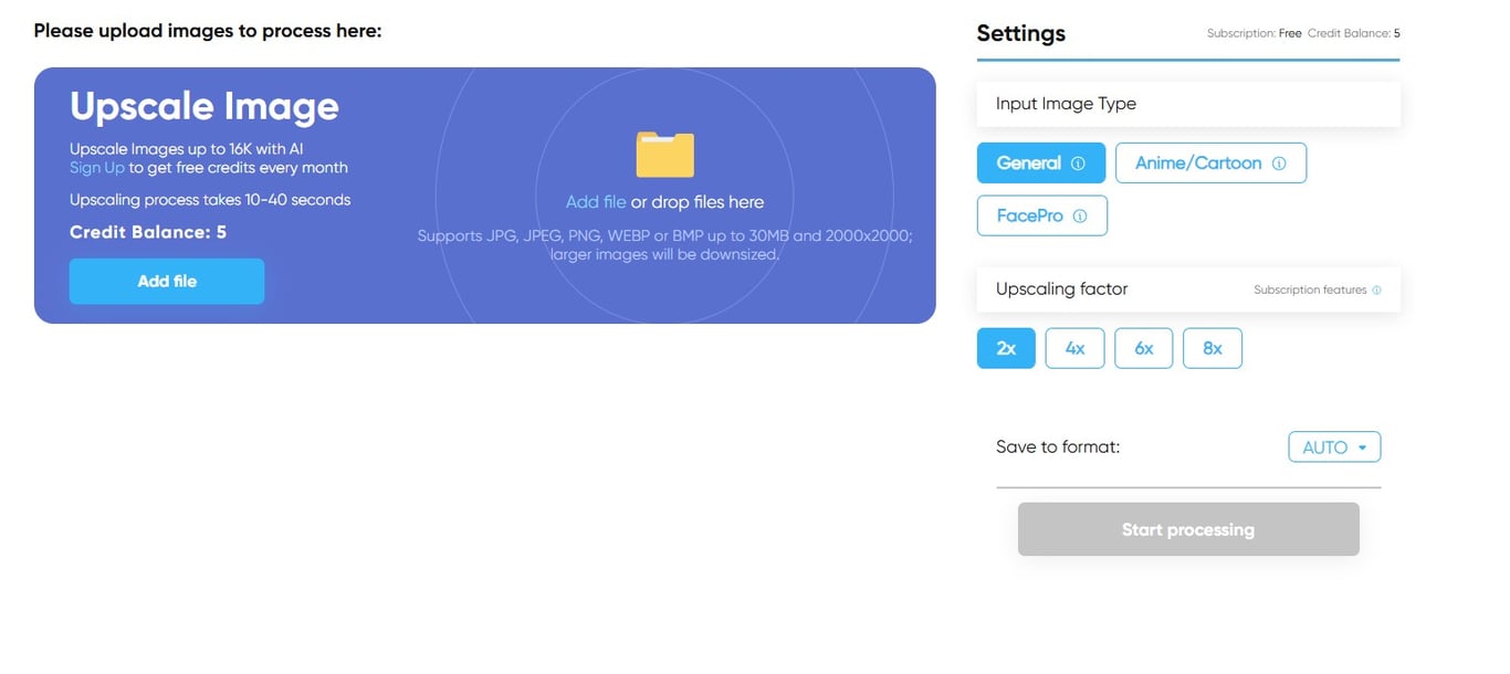Upscale Image 4x interface with AI
