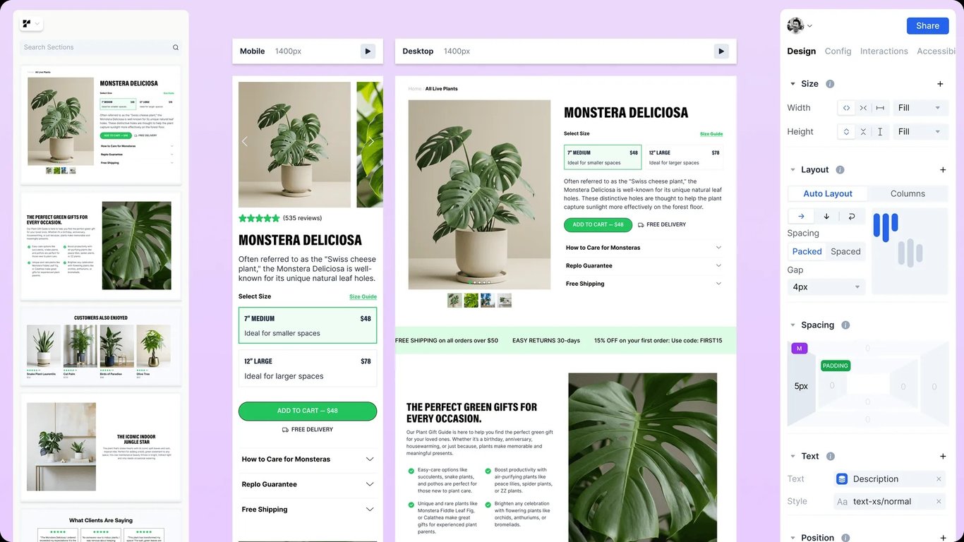Replo Editor drag-and-drop interface without coding