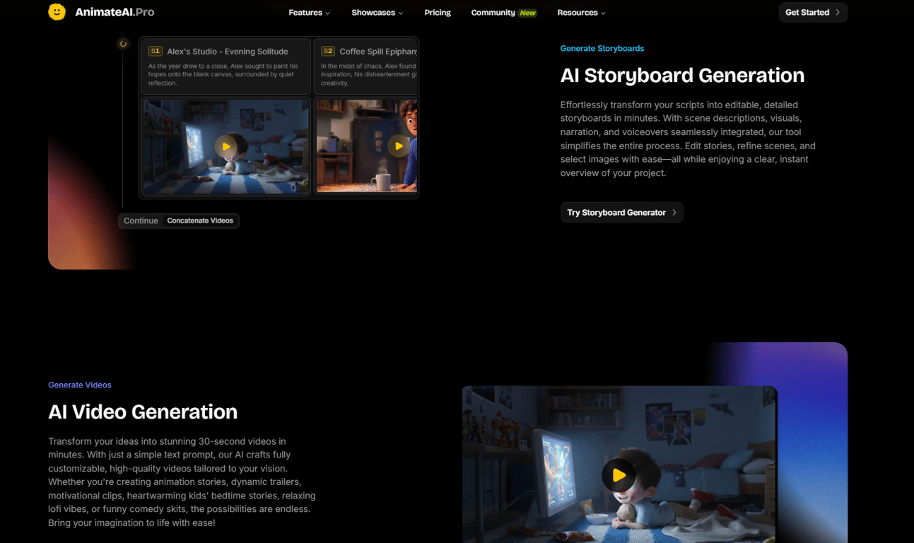animateai-pro-ai-storyboard-generation-and-30-second-video-creation-interface