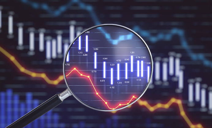 financial-stock-market-analysis-magnifying-glass-candlestick-chart-technical-data