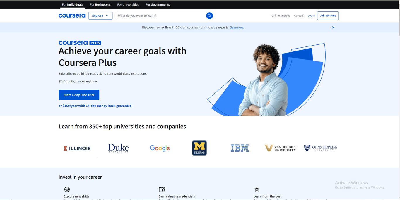 Coursera homepage showcasing online courses, certificates, and degree programs