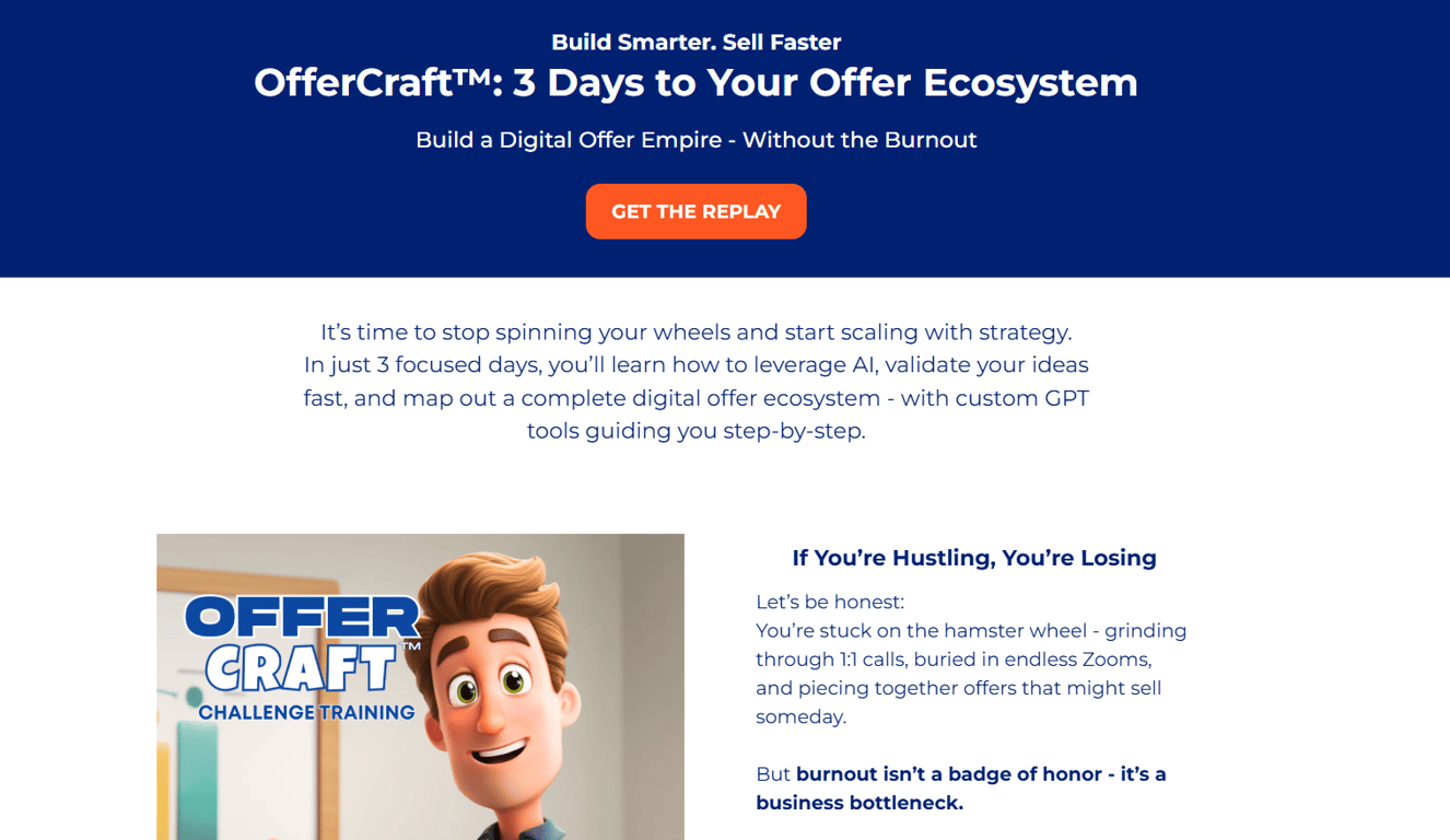 OfferCraft-three-days-to-your-offer-ecosystem-sales-page-hero-banner-with-animated-character-artwork