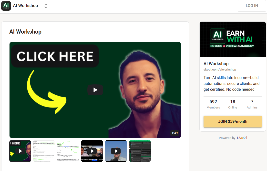 AI-Workshop-community-page-on-skool-platform-featuring-earn-with-ai-video-introduction
