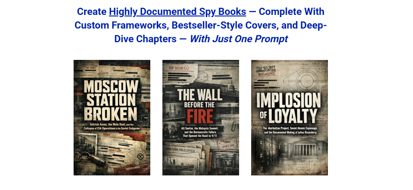 Ai-Driven Espionage Book Creation Showing Structured Prompts, Storytelling Frameworks, And Archival-Style Cover Designs