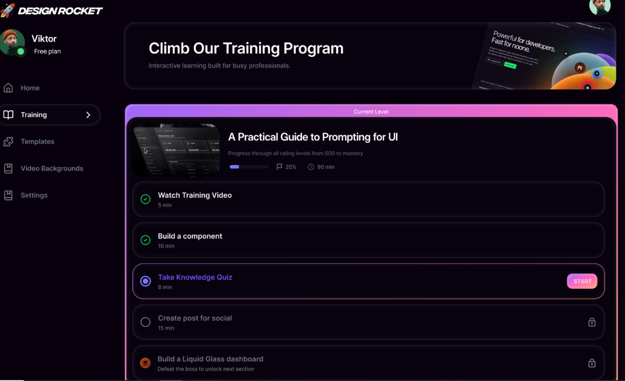 Design-Rocket-training-dashboard-featuring-a-practical-guide-to-prompting-for-ui-by-Viktor