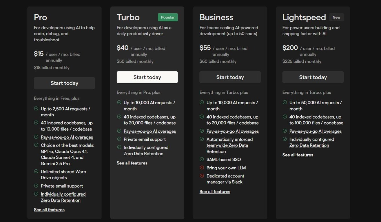 Warp.dev Pro/Turbo price list listed on the official site