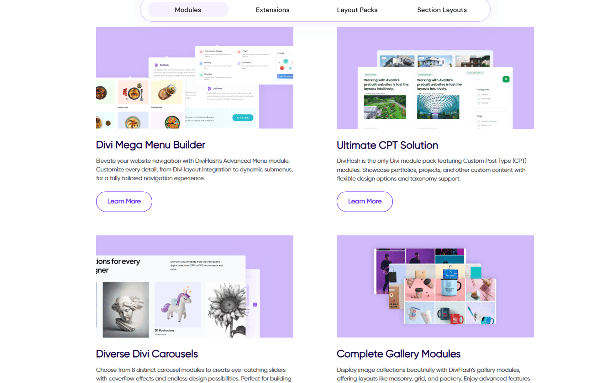 Collection of modern DiviFlash design modules including Stack, Marquee Text, and Inline Content layouts