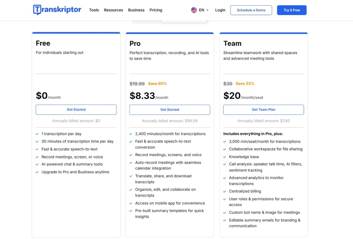 Transkriptor Price List