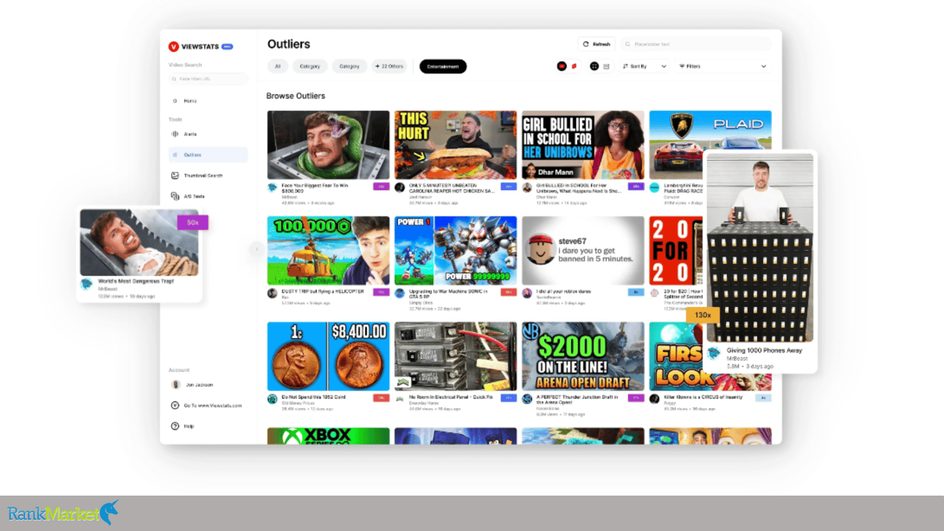 The Outliers Feature Interface On Viewstats Pro Displays A List Of Videos With Unusually High Views On The Youtube Channel.