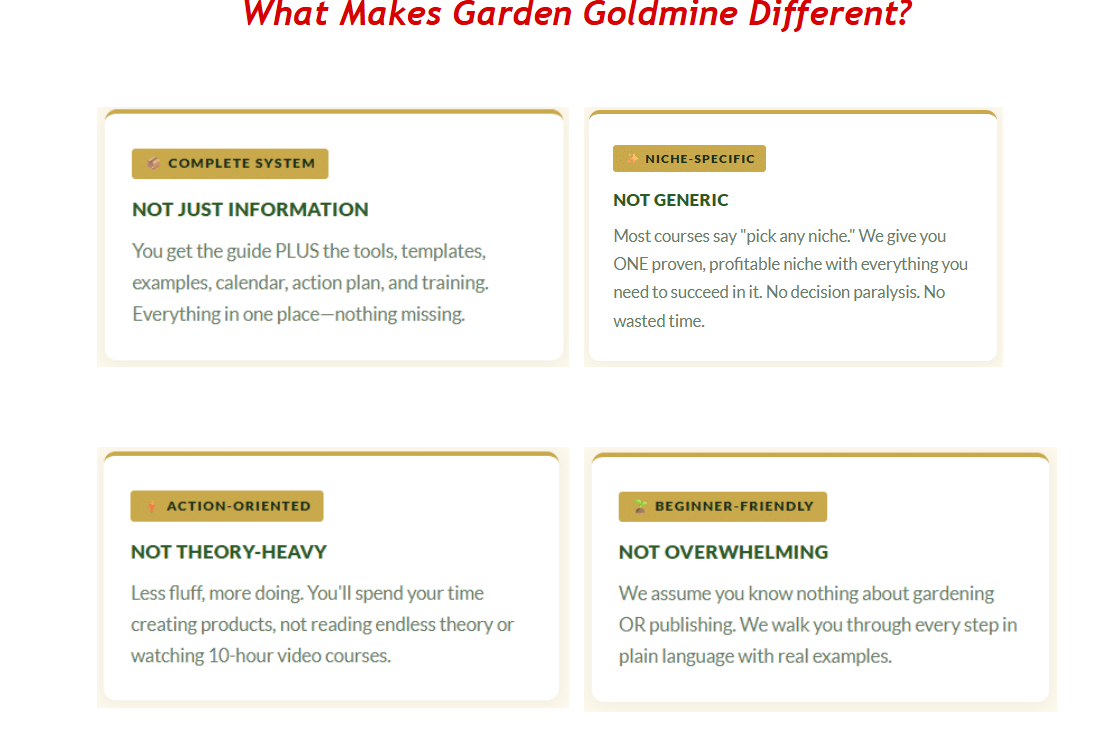 Garden-Goldmine-four-differentiators-grid-showing-complete-system-niche-specific-and-action-oriented-blocks