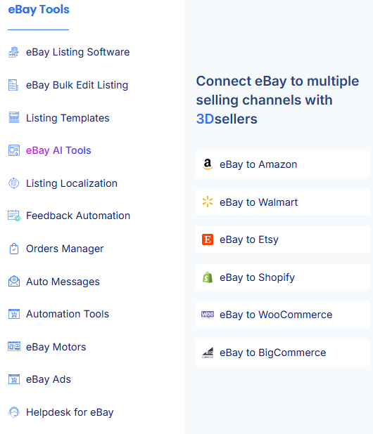 3dsellers-ebay-tools-menu-showing-multichannel-connections-to-amazon-walmart-etsy-and-shopify