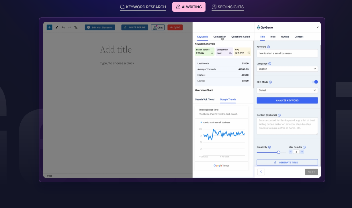 GetGenie AI writing dashboard creating SEO optimized articles landing pages and product descriptions directly in WordPress