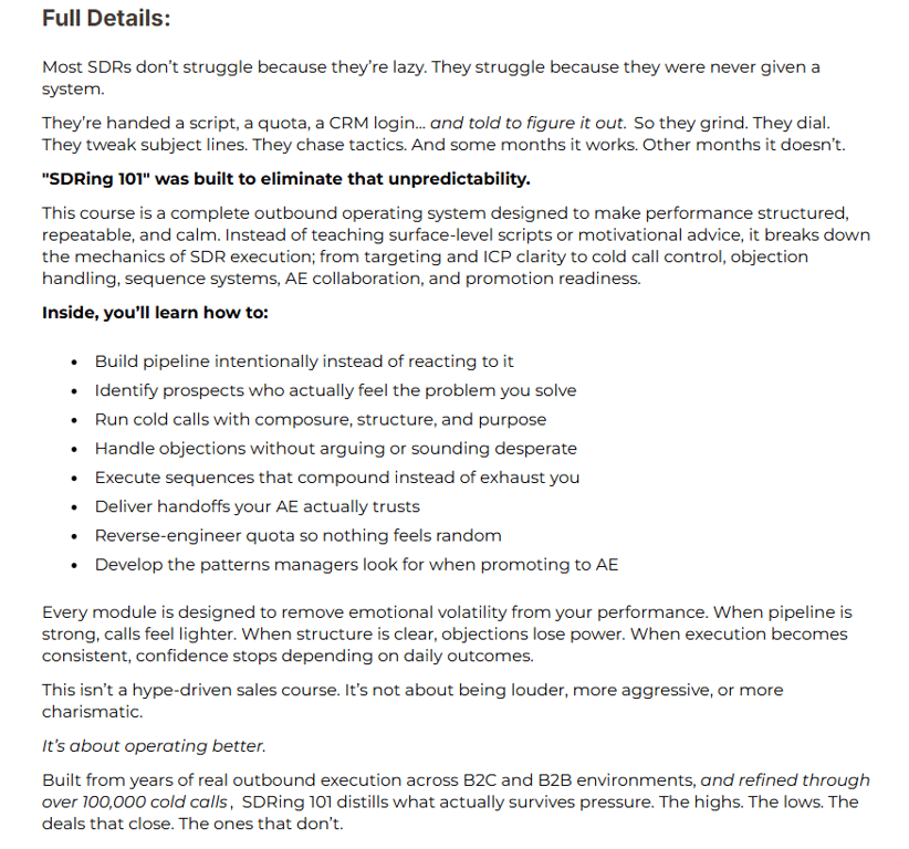 SDRing-one-zero-one-course-details-list-covering-cold-calls-objection-handling-and-ae-promotion-readiness