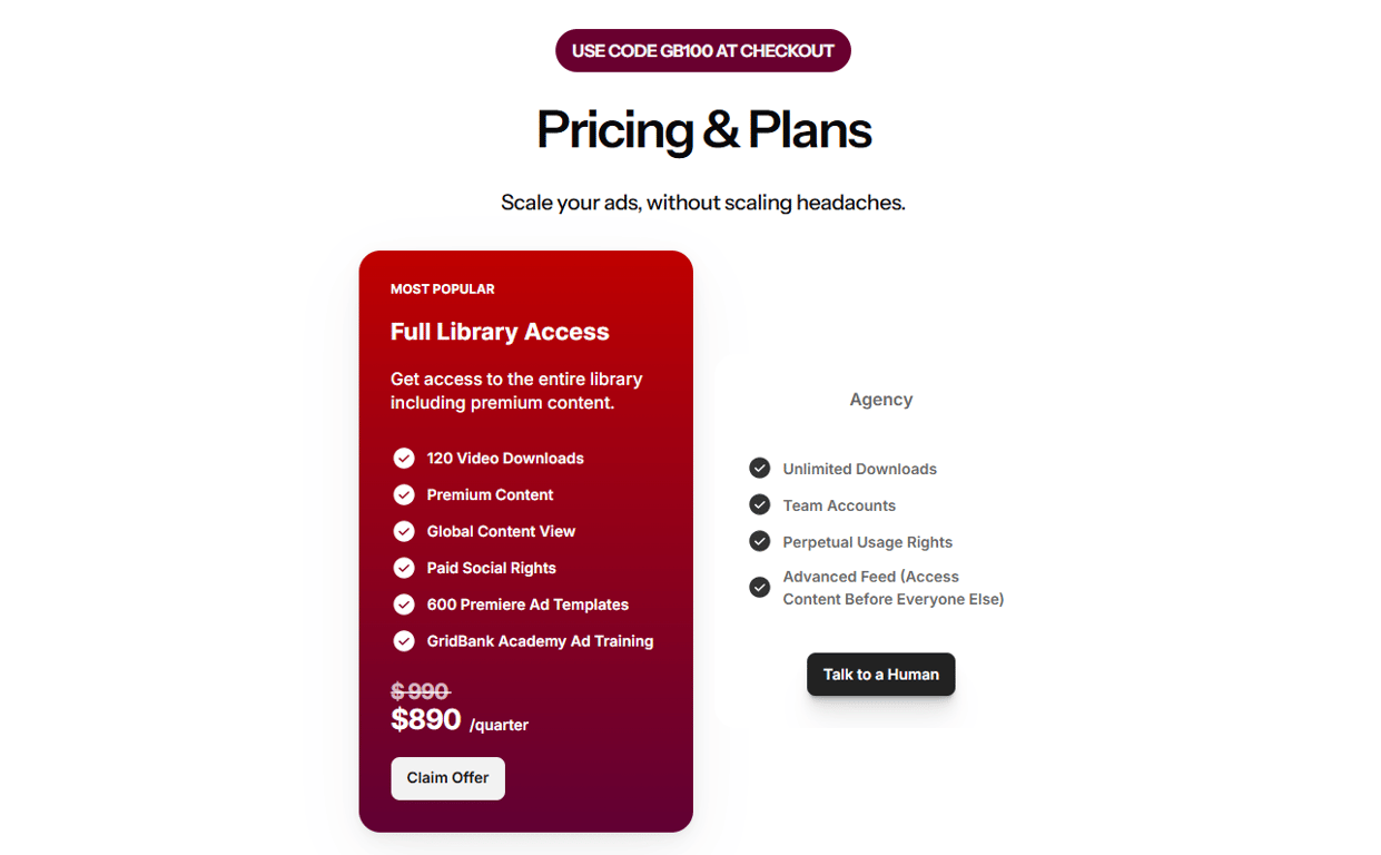 Two-tier-pricing-table-with-the-Full-Library-Access-card-highlighting-fixed-quarterly-billing-and-ad-rights