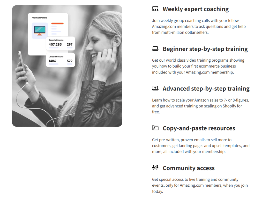 E-commerce-training-perks-menu-next-to-a-woman-with-smartphone