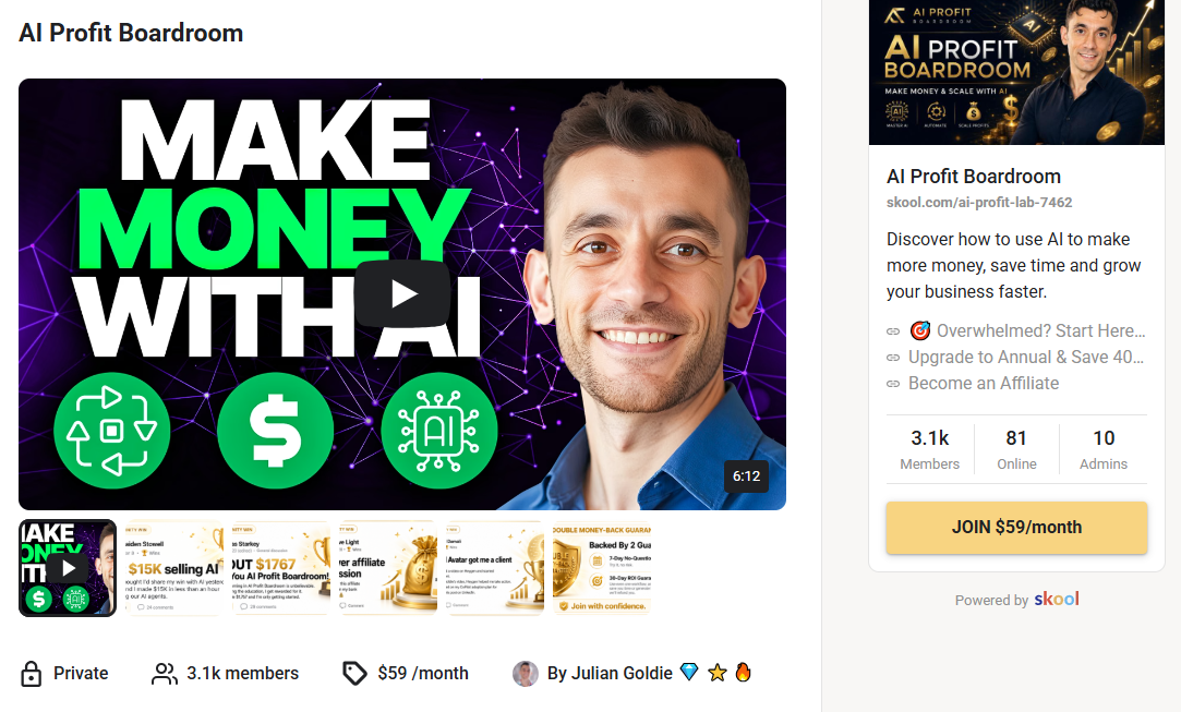 AI-Profit-Boardroom-community-page-on-skool-platform-featuring-make-money-with-ai-video-by-Julian-Goldie