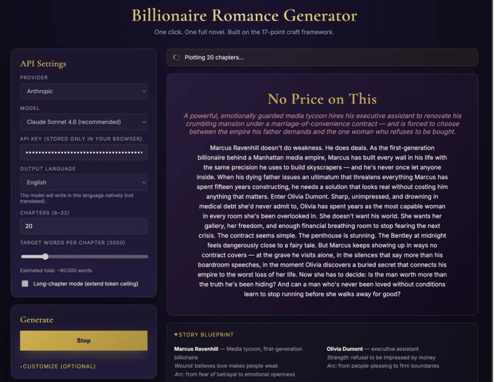 Billionaire-Romance-Generator-Dashboard-Interface-Showing-Anthropic-Api-Settings-And-Story-Blueprint