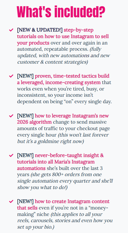 Course-features-checklist-titled-Whats-included-detailing-step-by-step-tutorials-algorithm-changes-and-Instagram-automations