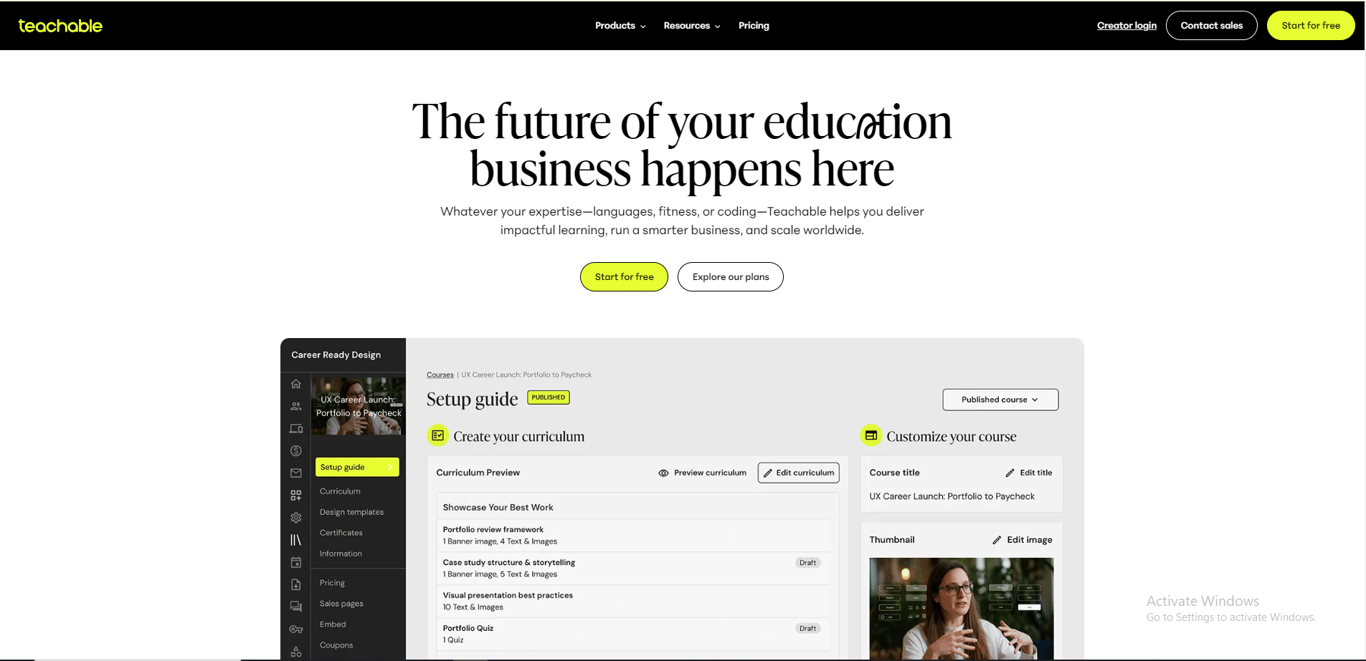 Teachable online course platform interface.