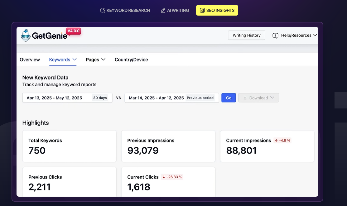 Keyword research interface in GetGenie analyzing semantic relationships search intent and related entities for stronger SEO strategy