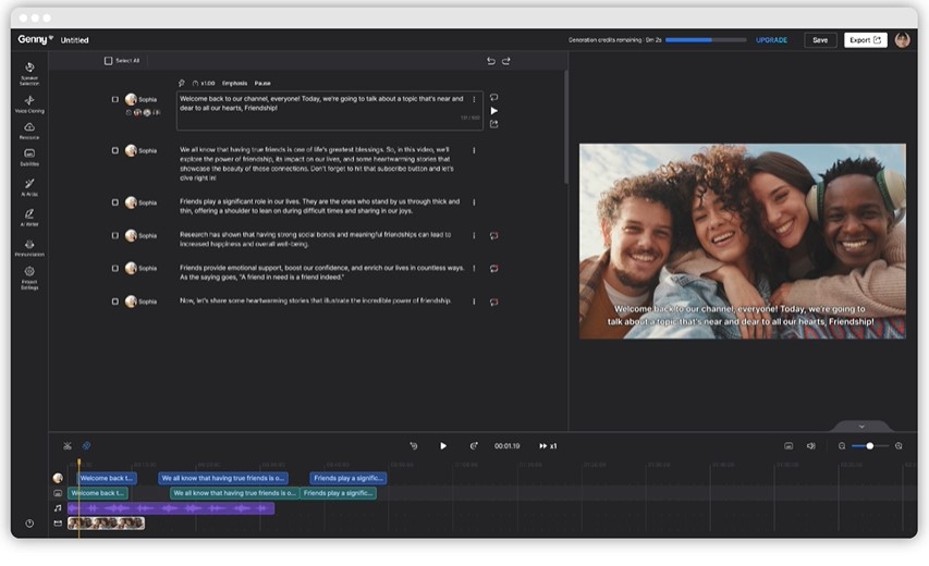 Official interface of LOVO.AI Studio software – Genny with AI features