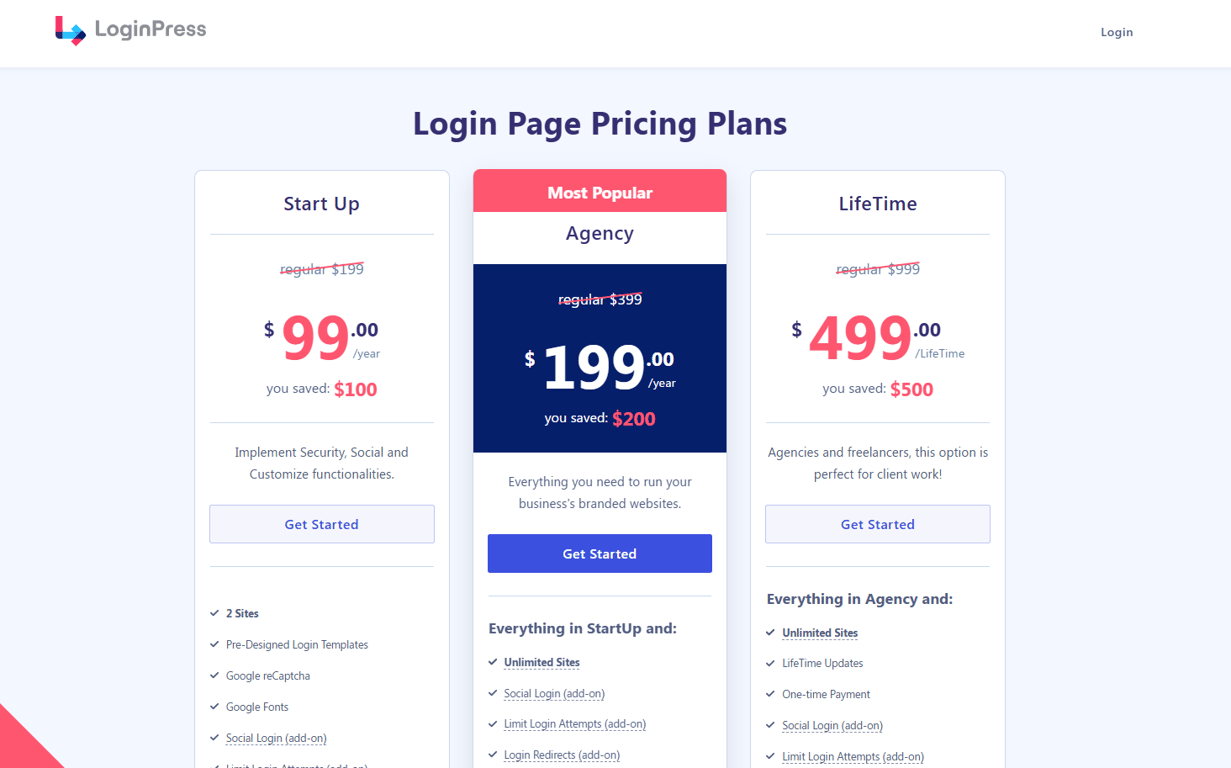 LoginPress Pro pricing overview showing budget-friendly options for customizing WordPress login pages with advanced security features