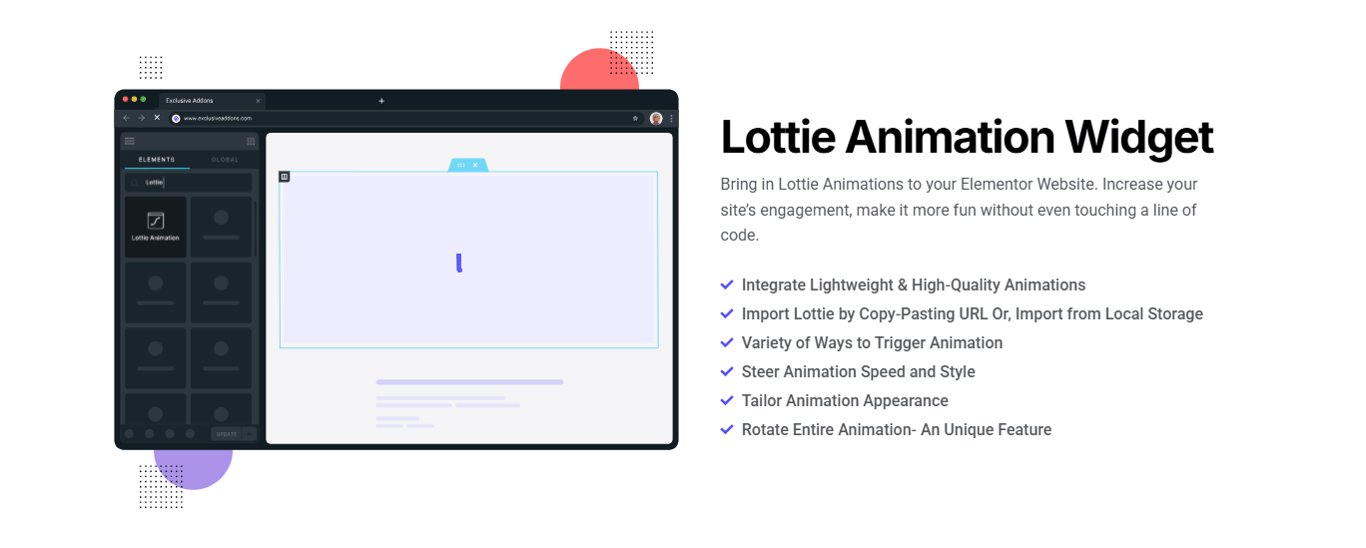 Exclusive Addons Lottie Animation widget configured inside Elementor to create smooth interactive motion effects