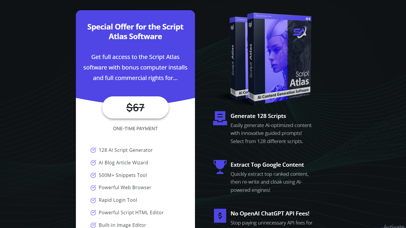 Script Atlas pricing page showing one-time payment plan and feature comparison table