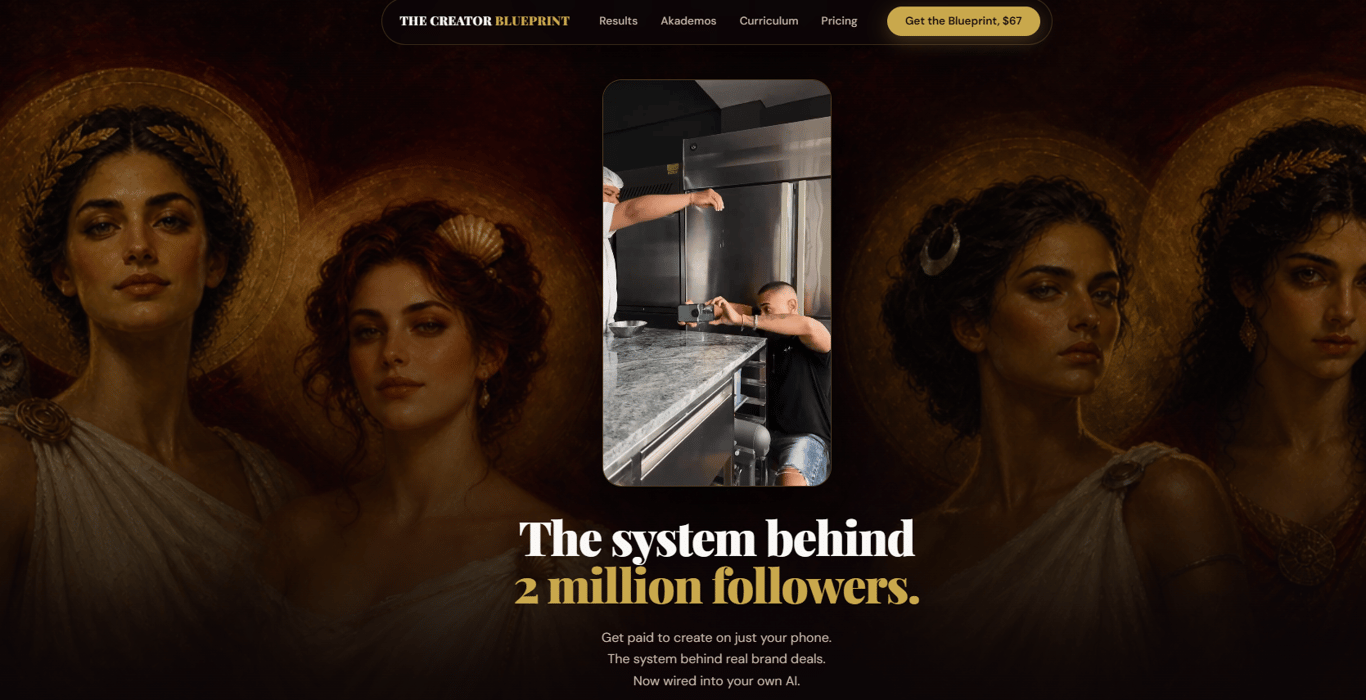 The-Creator-Blueprint-landing-page-hero-banner-featuring-classical-roman-style-portraits-and-smartphone-filming-demonstration