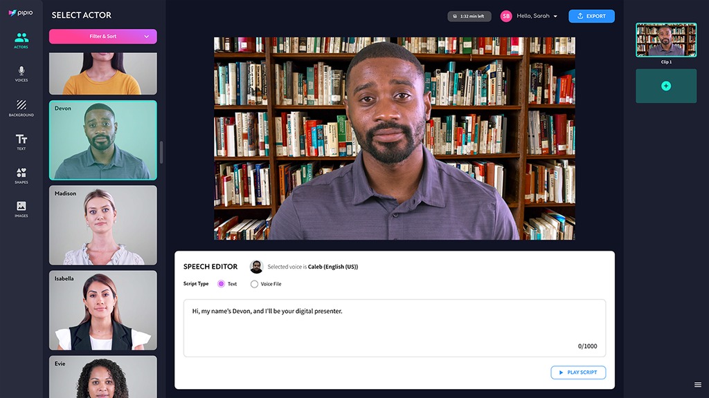 A real AI avatar on Pipio presenting in video