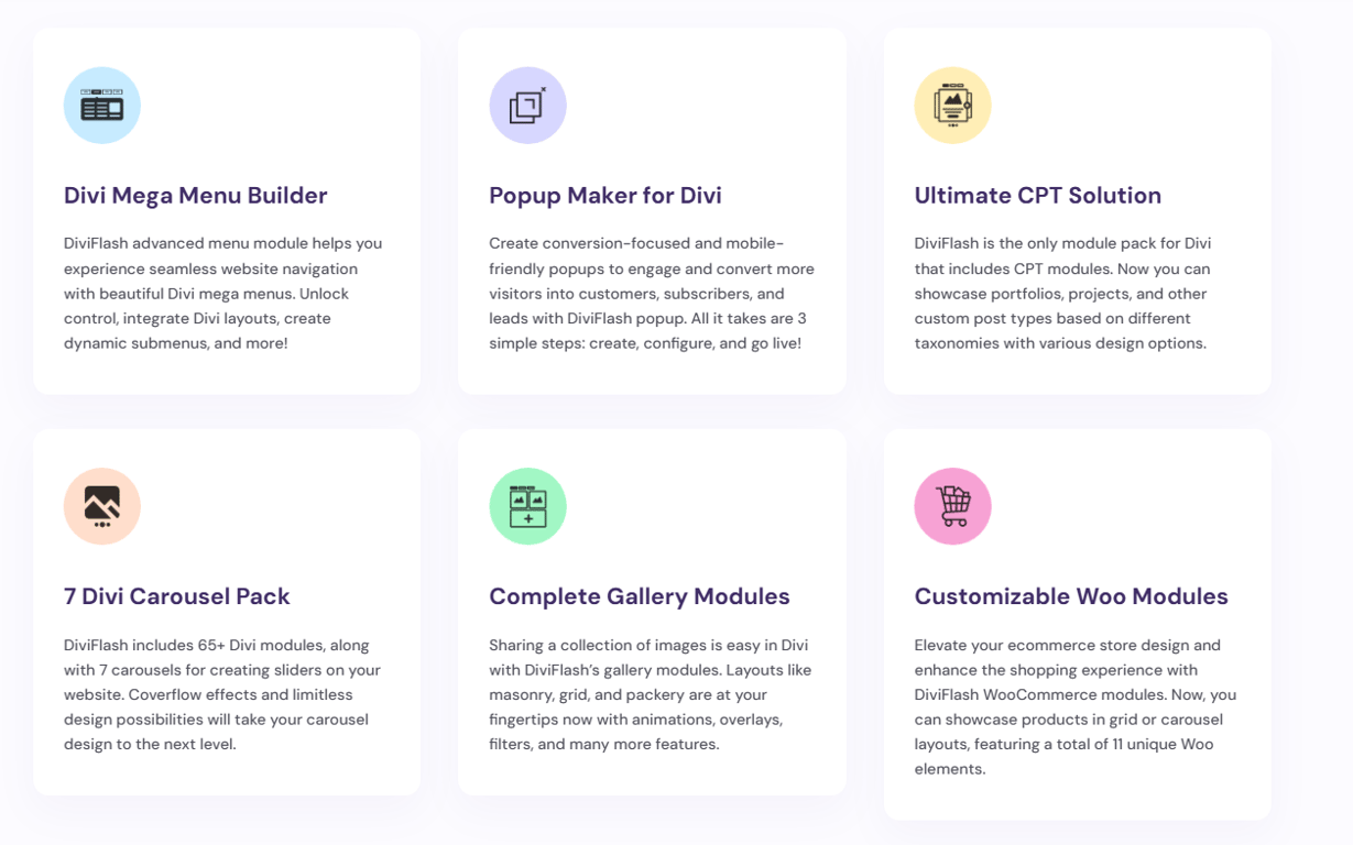 Overview of DiviFlash features including mega menu, popup builder, CPT support, and performance optimization