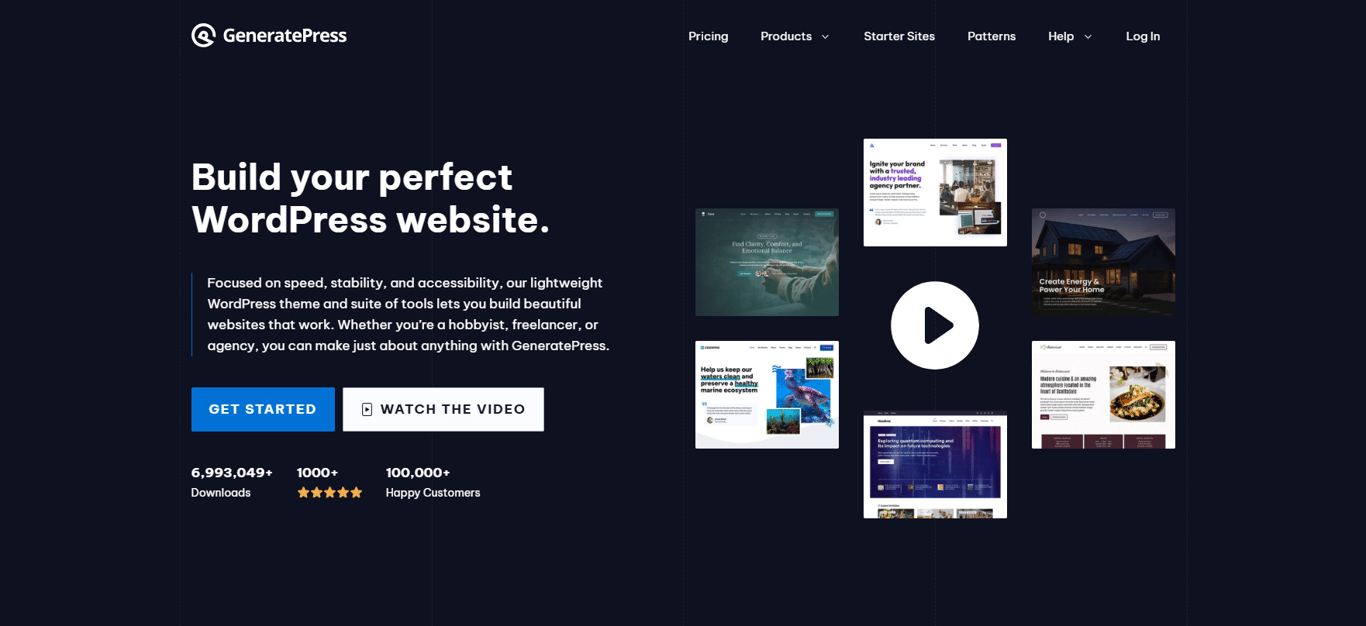 GeneratePress homepage showcasing a fast loading WordPress theme with minimalist design and flexible customization options