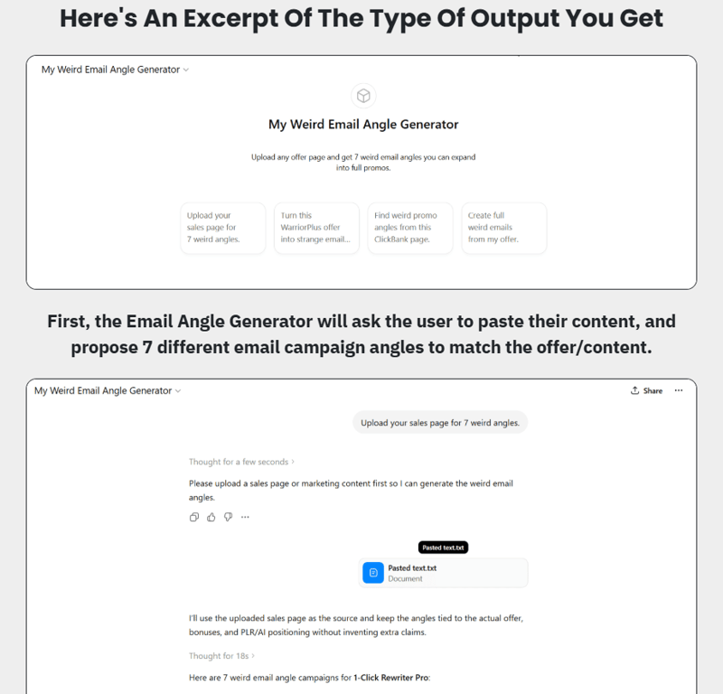 My-Weird-Email-Angle-Generator-interface-showing-uploaded-sales-page-and-seven-campaign-angles-output