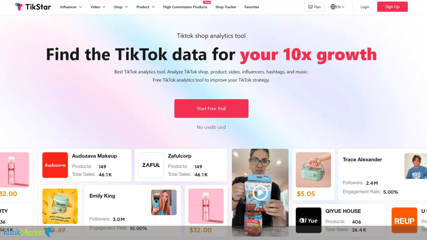 Tikstar Homepage Interface With Video Analysis, Influencer, Shop And Product Sections On Tiktok.