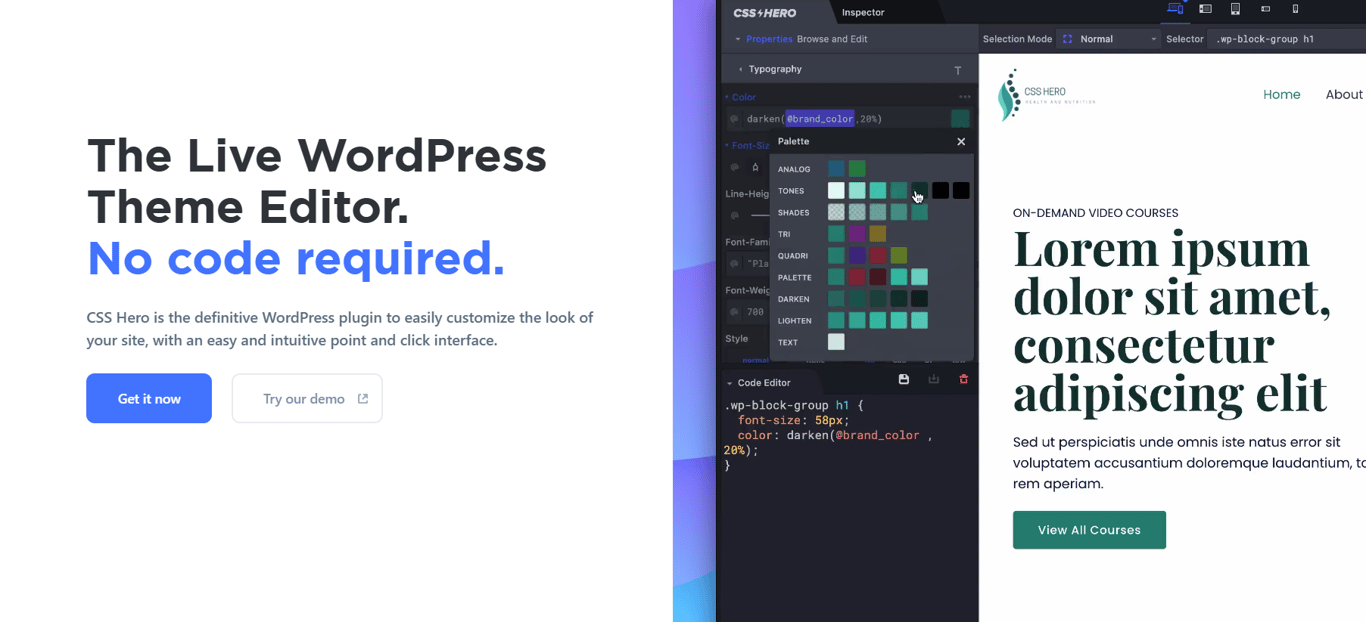 CSS Hero visual editor showing real-time WordPress design customization without coding skills