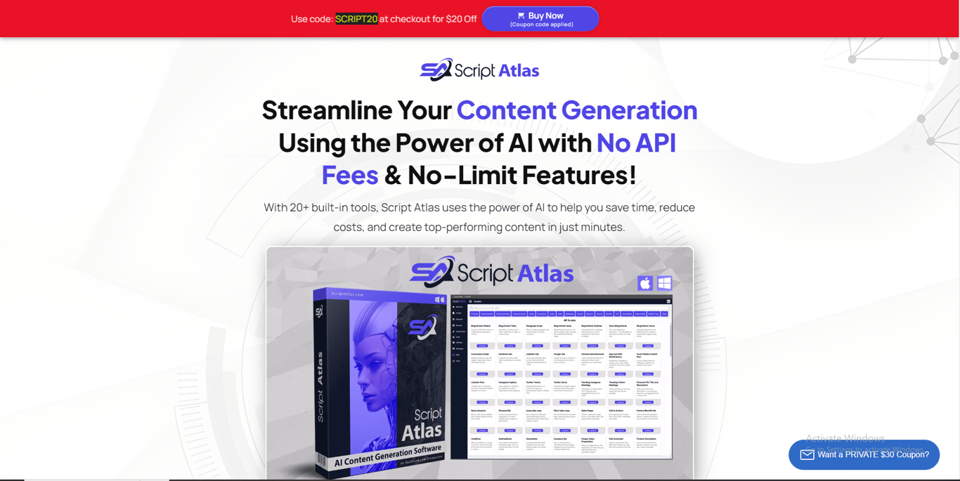 Script Atlas dashboard interface displaying AI content editor and marketing workspace layout