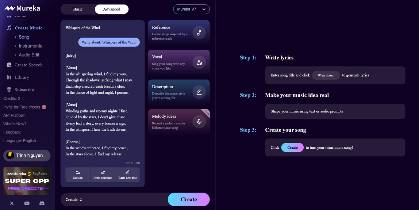 AI Lyrics Writing and Music Mixing Automation Tool on Mureka