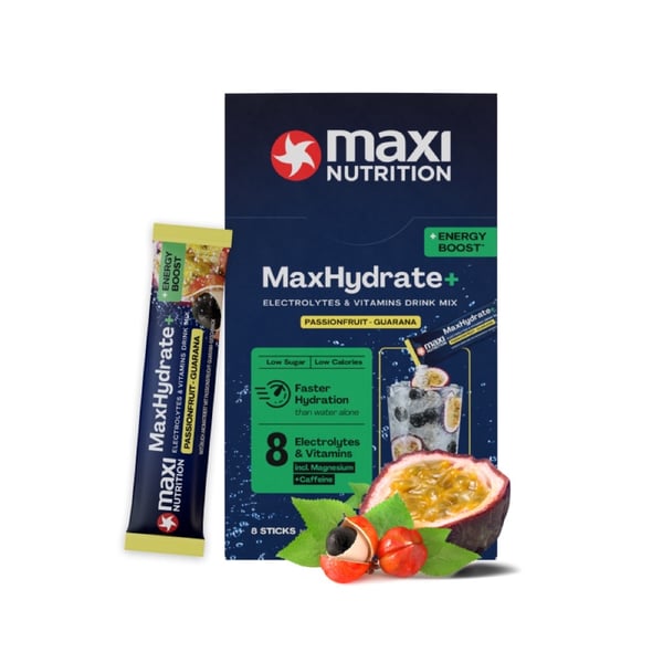 MaxiNutrition MaxHydrate+ Energy Boost Electrolyte Drink - Passionfruit-Guarana (8 x 16g) - Elektrolytter