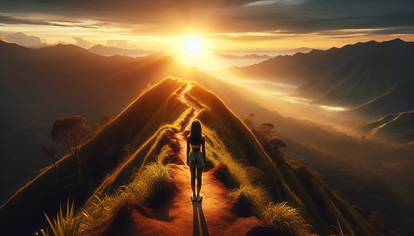 The image features a serene and solitary individual, bathed in the warm, resplendent glow of a sunrise, standing at the crest of a trail, symbolizing the journey towards self-love and fulfillment. The path ahead, unfolding into a lush, tranquil valley below, signifies the potential rewards of this personal journey.