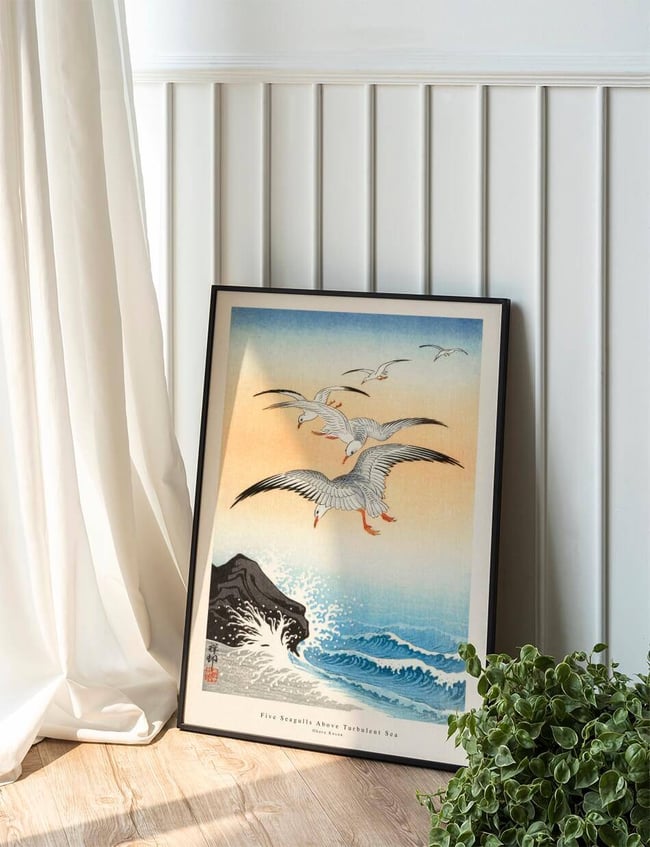 Five Seagulls Above Turbulent Sea - Ohara Koson