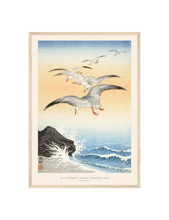 Five Seagulls Above Turbulent Sea - Ohara Koson