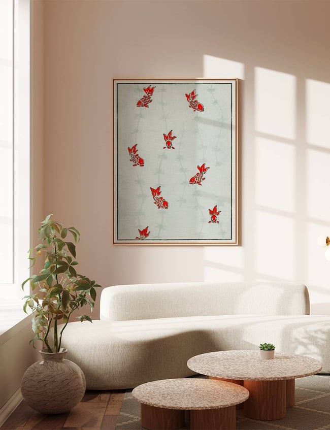A room with a painting on the wall